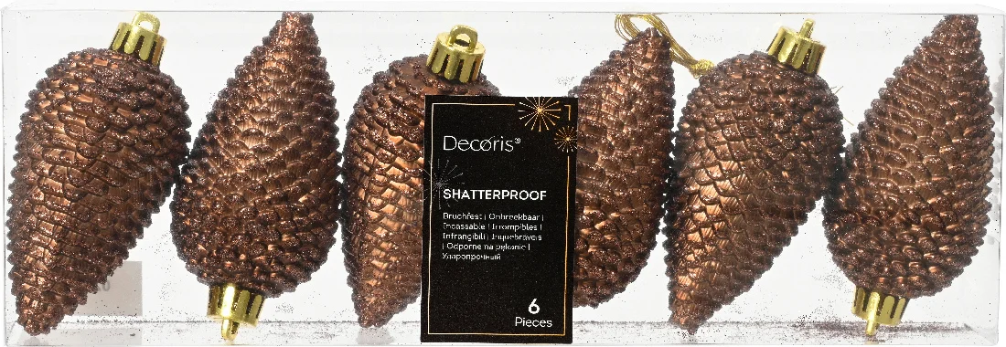 Decoris kerst ornament Manny dennenappel donker bruin 4,5 x 4,5 x 8 cm 6 stuks