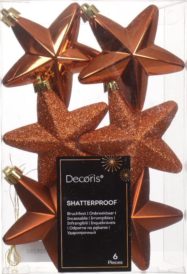 Decoris kerst ornament Marilene ster oranje 2 x 7,5 x 7,5 cm 6 stuks