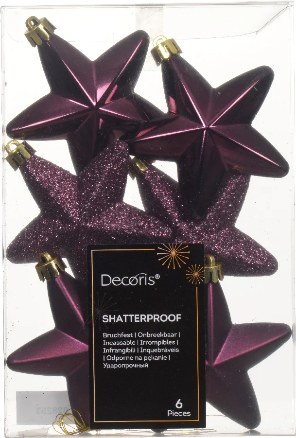 Decoris kerst ornament Marilene ster paars 2 x 7,5 x 7,5 cm 6 stuks