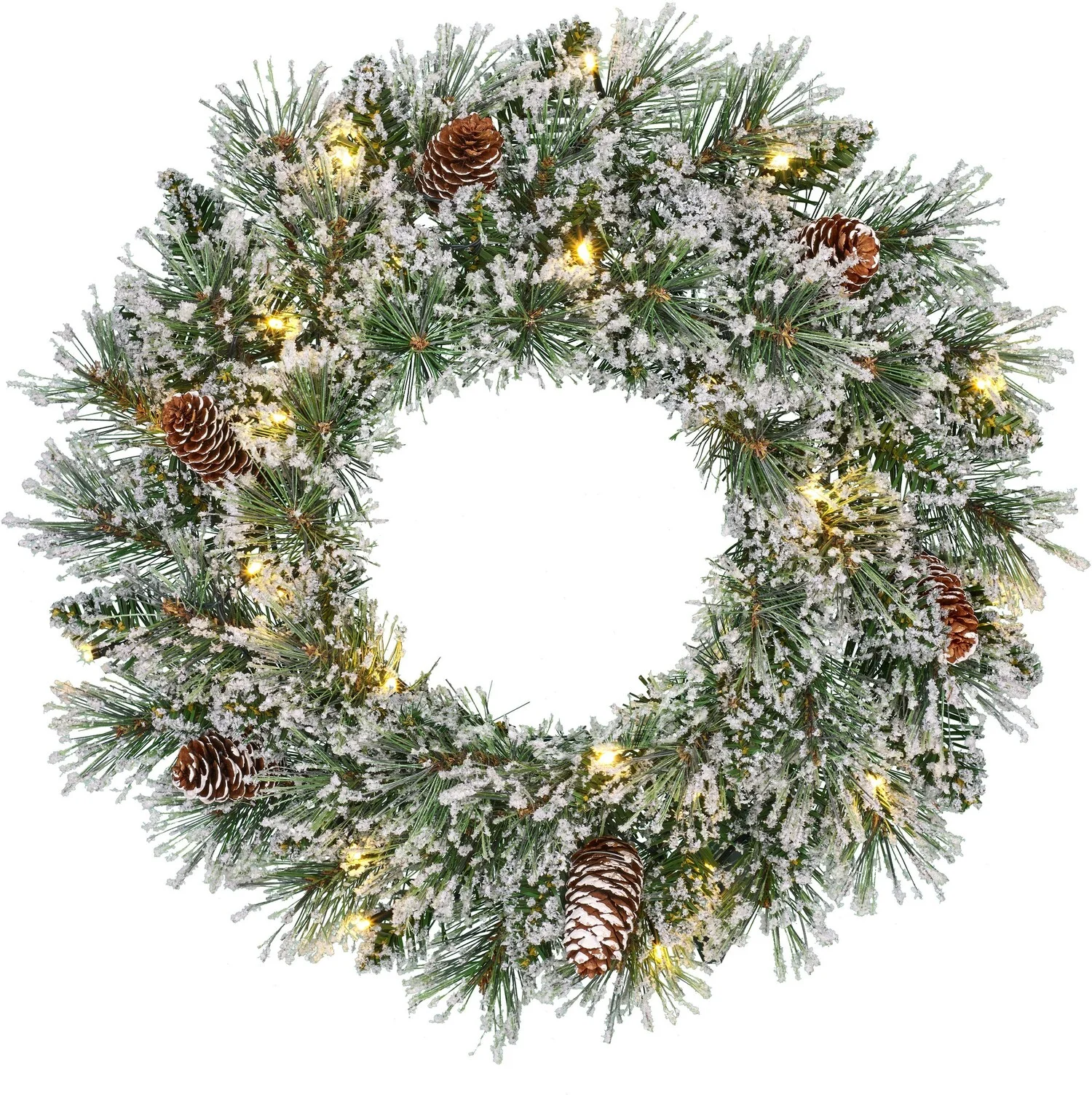Black Box kerstkrans Vandans besneeuwd met 20 lampjes warm wit D 45 H 15 cm