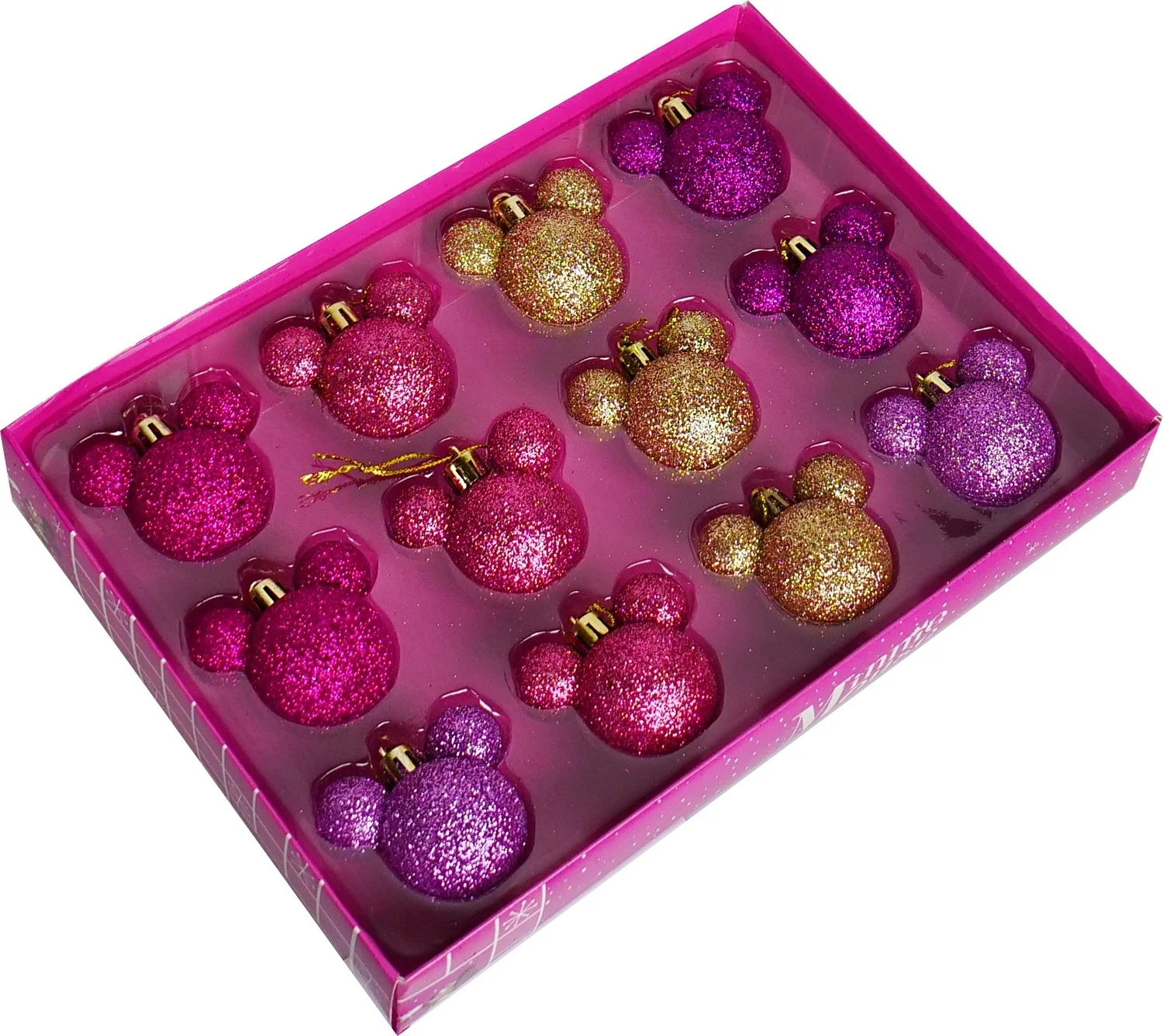 Disney kerstbal Minnie met oren goud / roze / paars D 5 cm 12 stuks