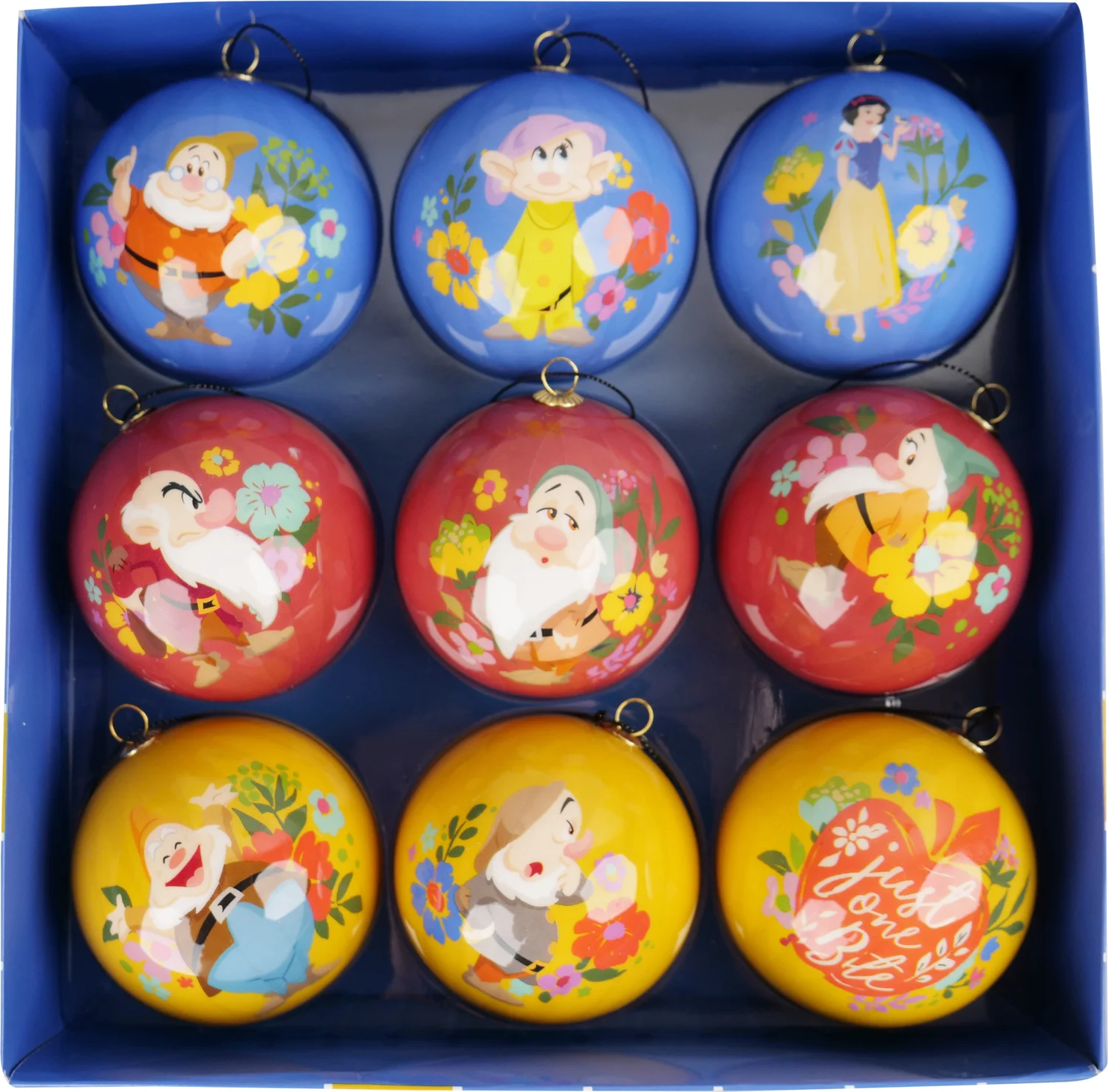 Disney kerstbal set Sneeuwwitje blauw / rood / geel D 7,5 cm 9 stuks