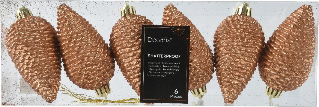 Decoris kerst ornament Manny dennenappel brandy 4,5 x 4,5 x 8 cm 6 stuks