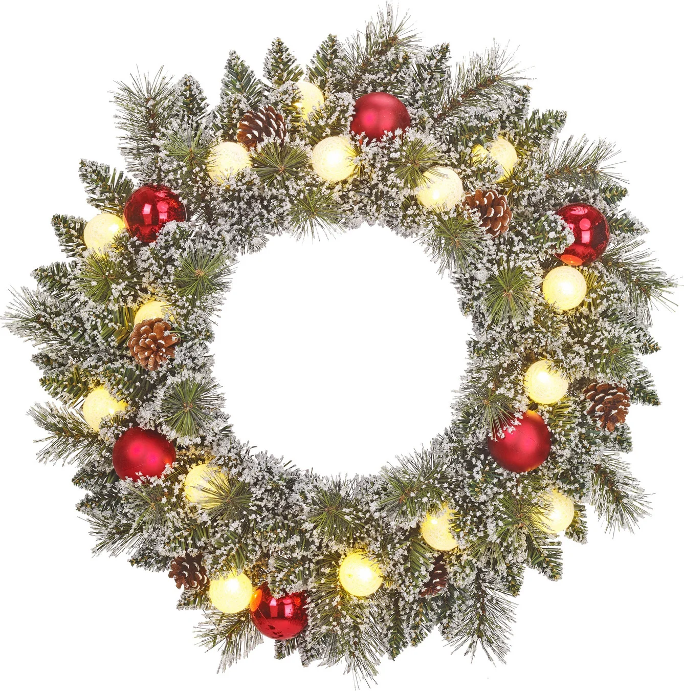 Black Box kerstkrans Kaprun besneeuwd bollen rood met 15 lampjes warm wit D 60 H 13 cm