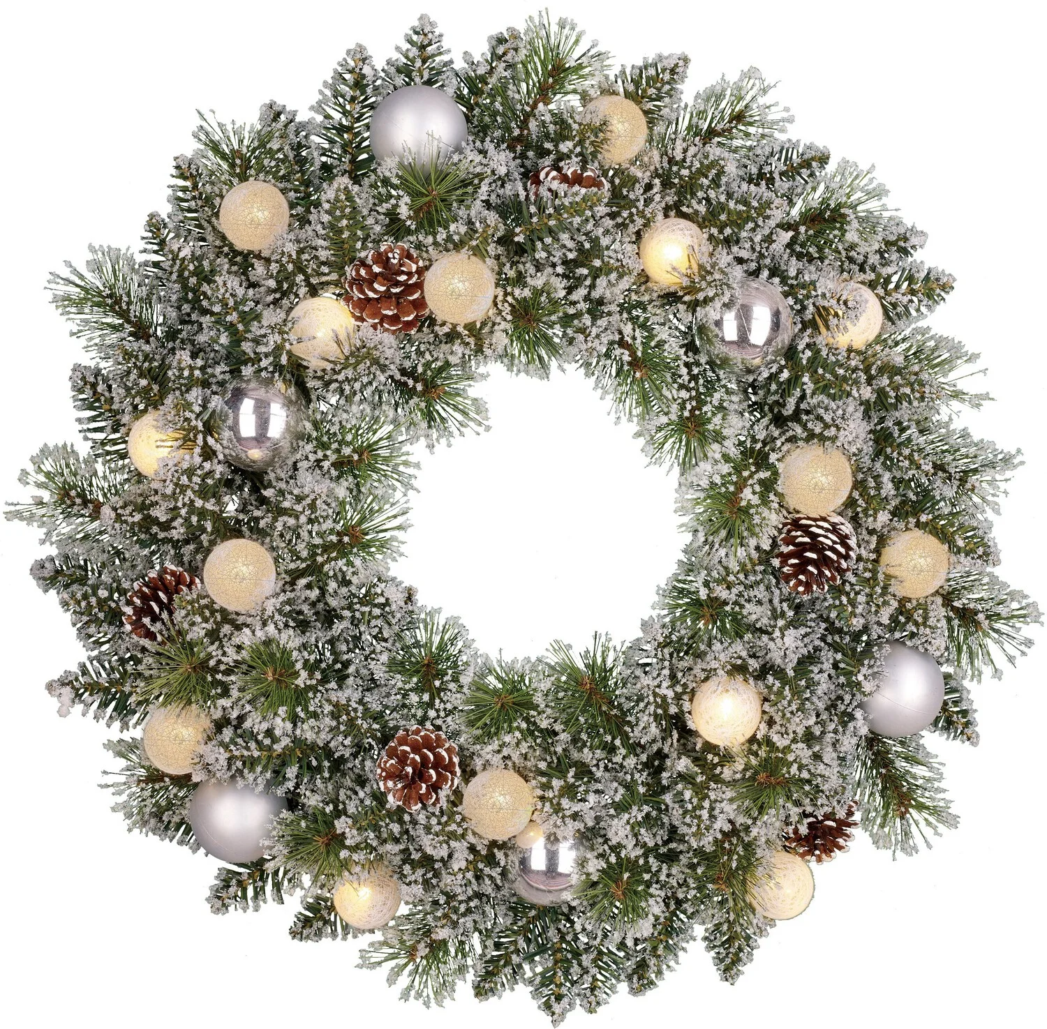 Black Box kerstkrans Kaprun besneeuwd kerstballen zilver met 15 lampjes warm wit D 60 H 13 cm
