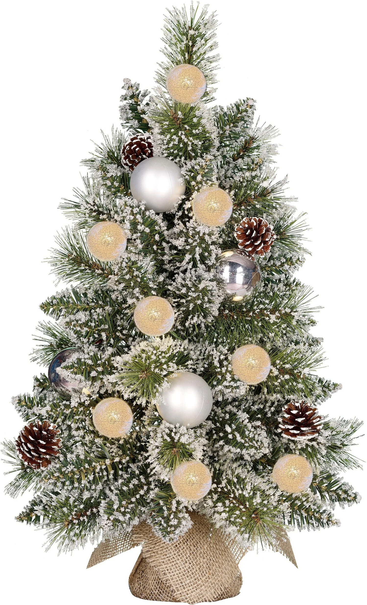 Black Box mini kunstkerstboom Kaprun besneeuwd zilver kerstballen op jute voet met 10 lampjes warm wit D 39 H 60 cm