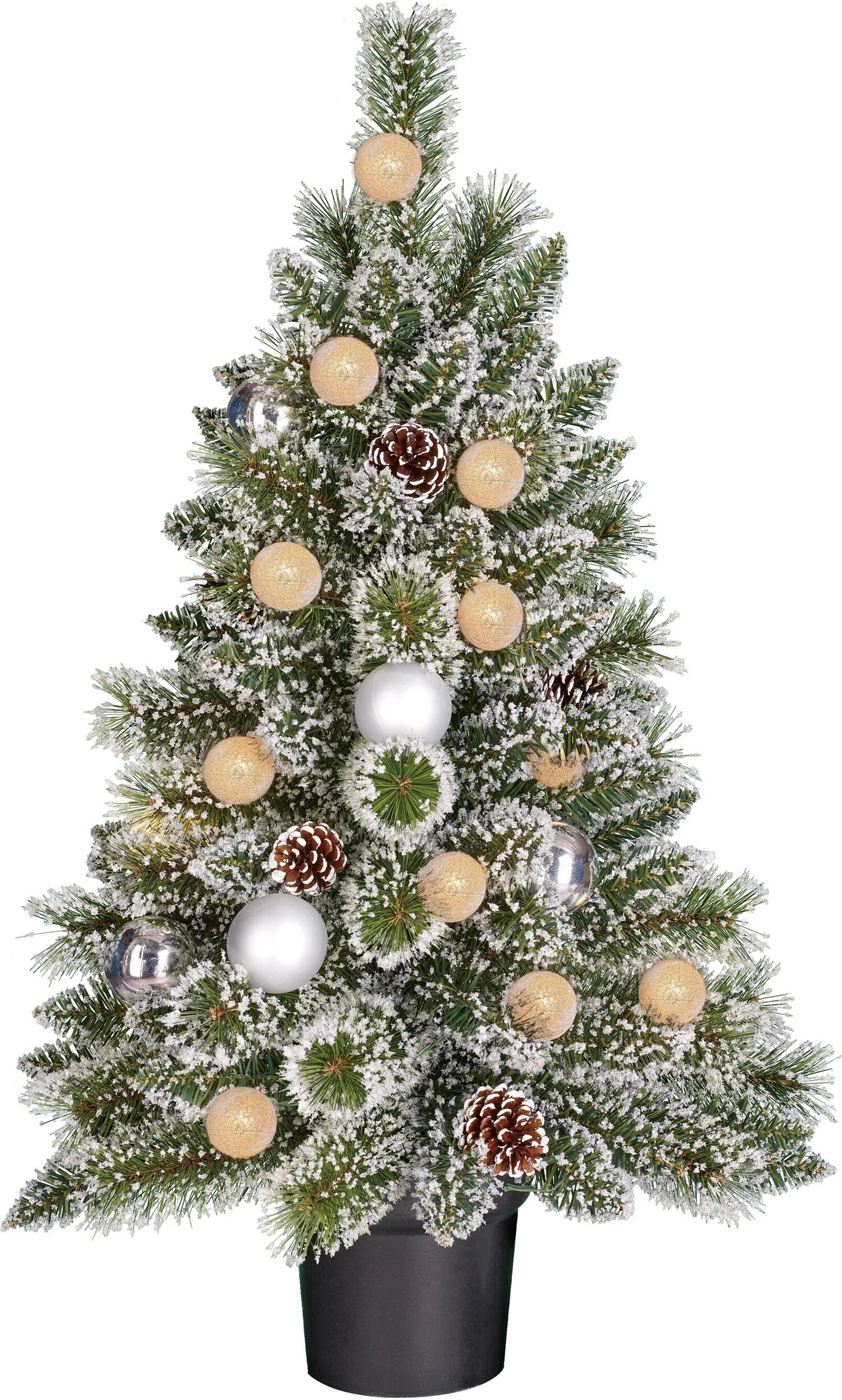 Black Box kunstkerstboom Kaprun besneeuwd zilver kerstballen in pot met 20 lampjes warm wit D 51 H 90 cm