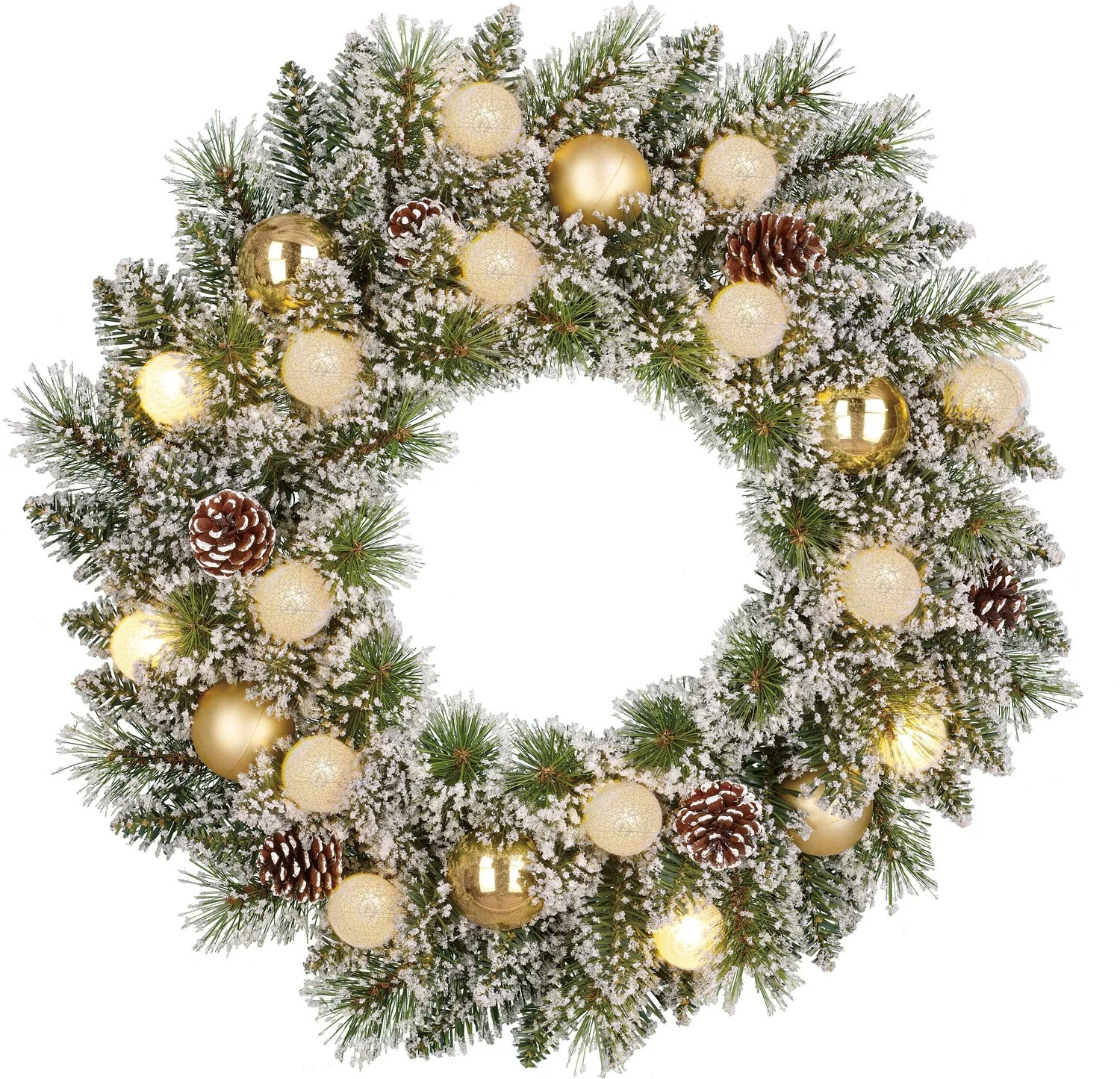 Black Box kerstkrans Kaprun besneeuwd kerstballen goud met 15 lampjes warm wit D 60 H 13 cm