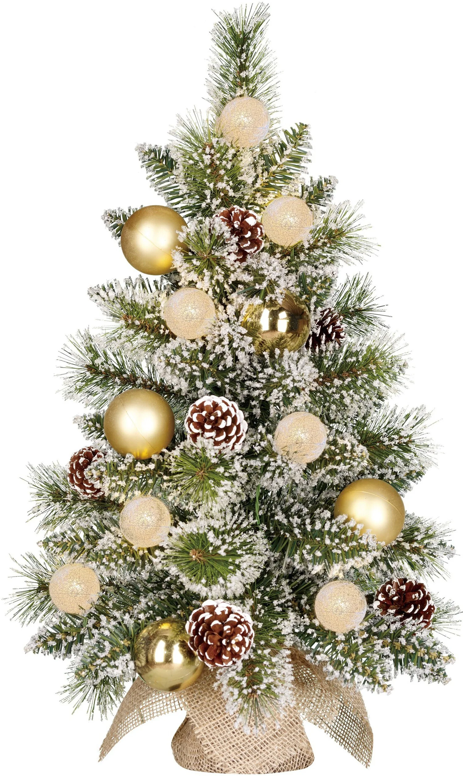 Black Box mini kunstkerstboom Kaprun besneeuwd goud kerstballen op jute voet met 10 lampjes warm wit D 39 H 60 cm