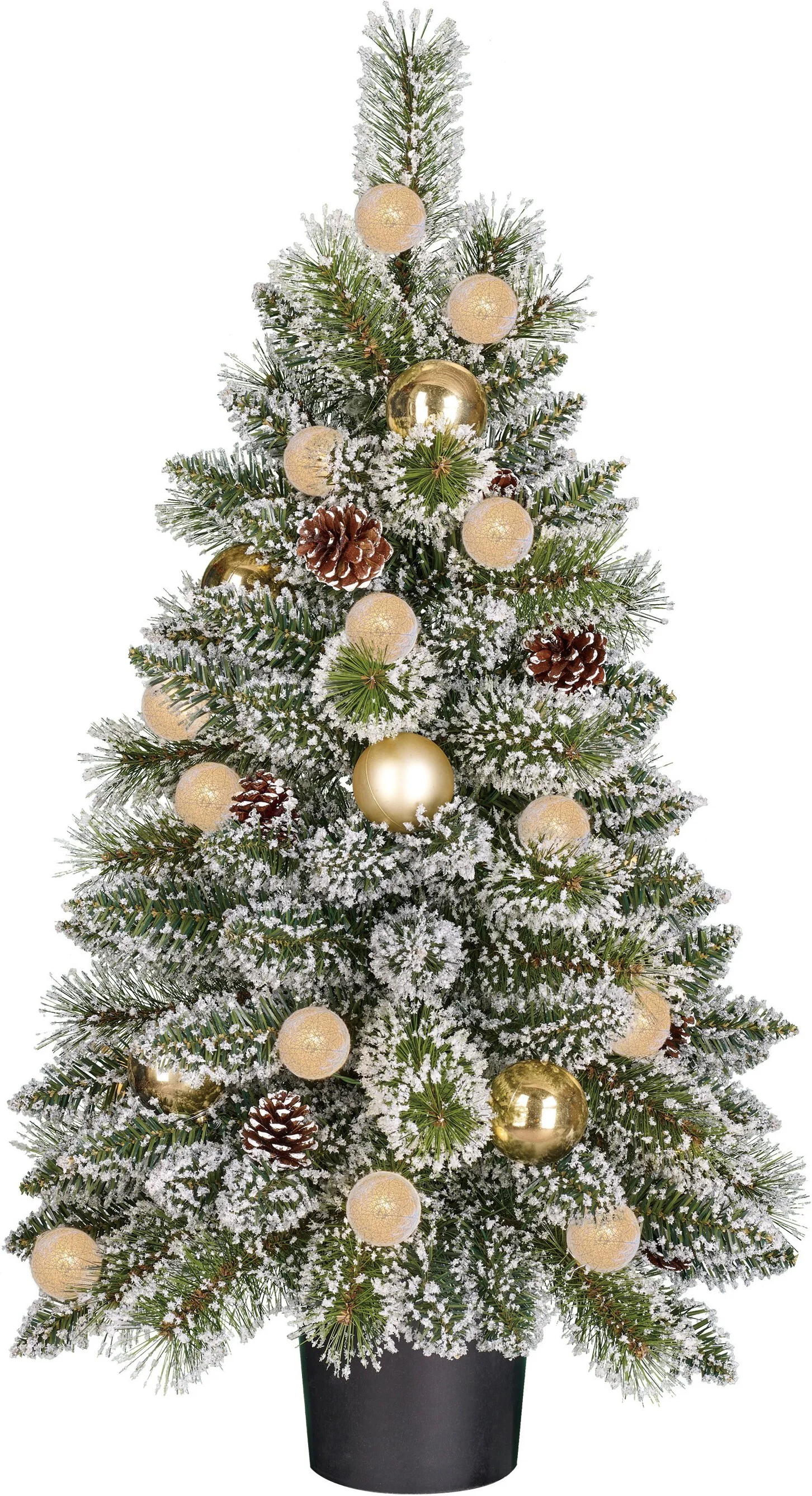 Black Box kunstkerstboom Kaprun besneeuwd goud kerstballen in pot met 20 lampjes warm wit D 51 H 90 cm