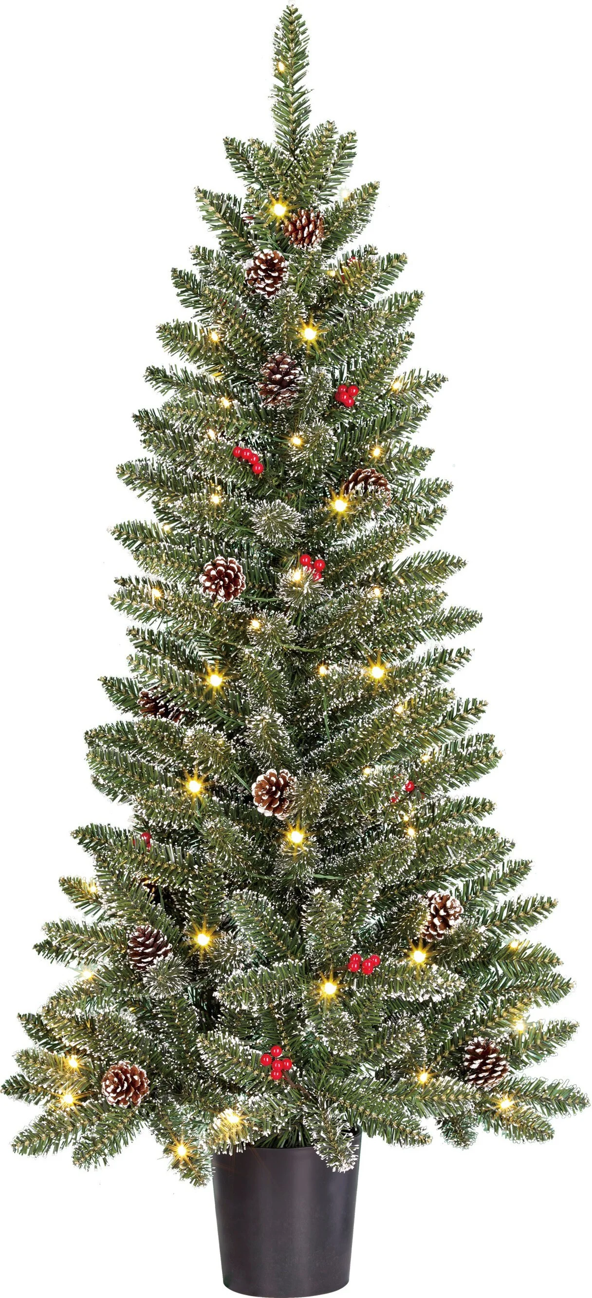 Black Box kunstkerstboom Creston besneeuwd dennenappels in pot met 60 lampjes warm wit D 60 H 120 cm