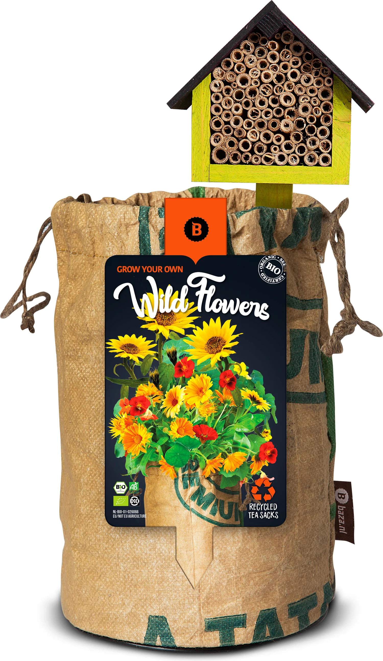 Baza Wild Flowers biologische gemengde Wildbloemen oranje met insectenhotel
