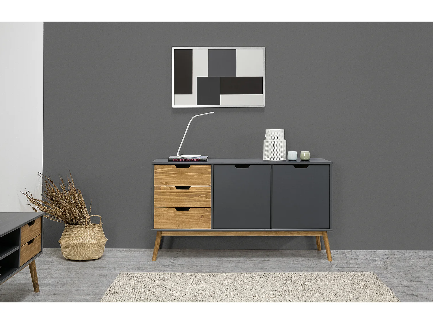 Dressoir Java 3 laden en 2 deuren Antraciet/Was, Massief grenenhout, 140 cm lengte